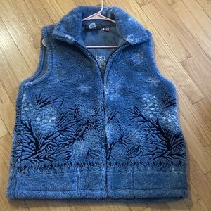 VTG Mazmania Blue Gray Fuzzy Fleece Zip Up Vest Snowflakes Winter Wonderland L